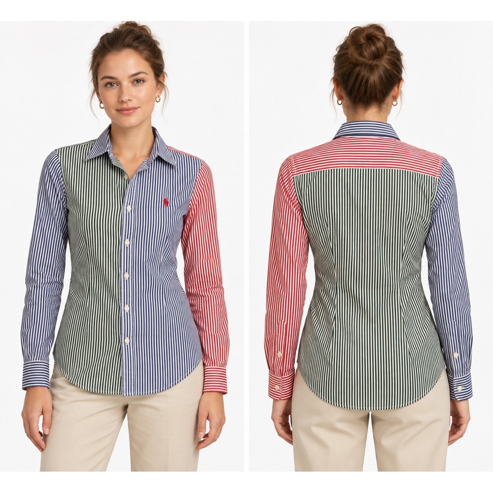 Polo Ralph Lauren 2 Custom Fit Striped Colorblock Fun Shirt Cotton preppy oxford